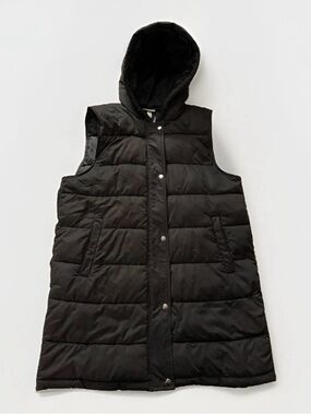 Zella Womens M Black Long Hooded Puffer Vest Quilted Full Zip 34" Longline